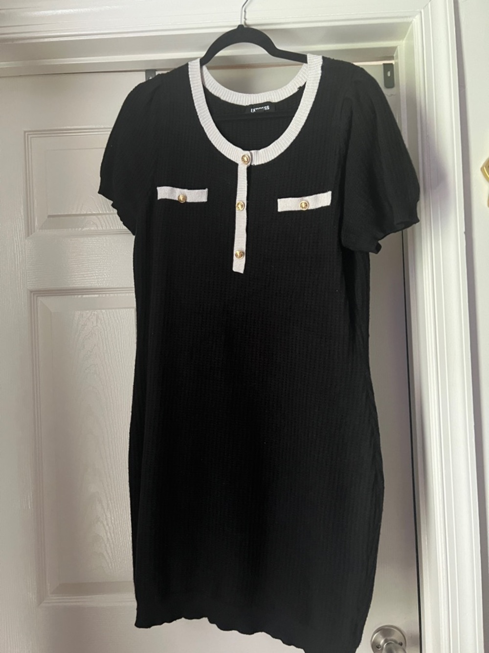 Express Black Knit Dress with White Trim and Gold Buttons
